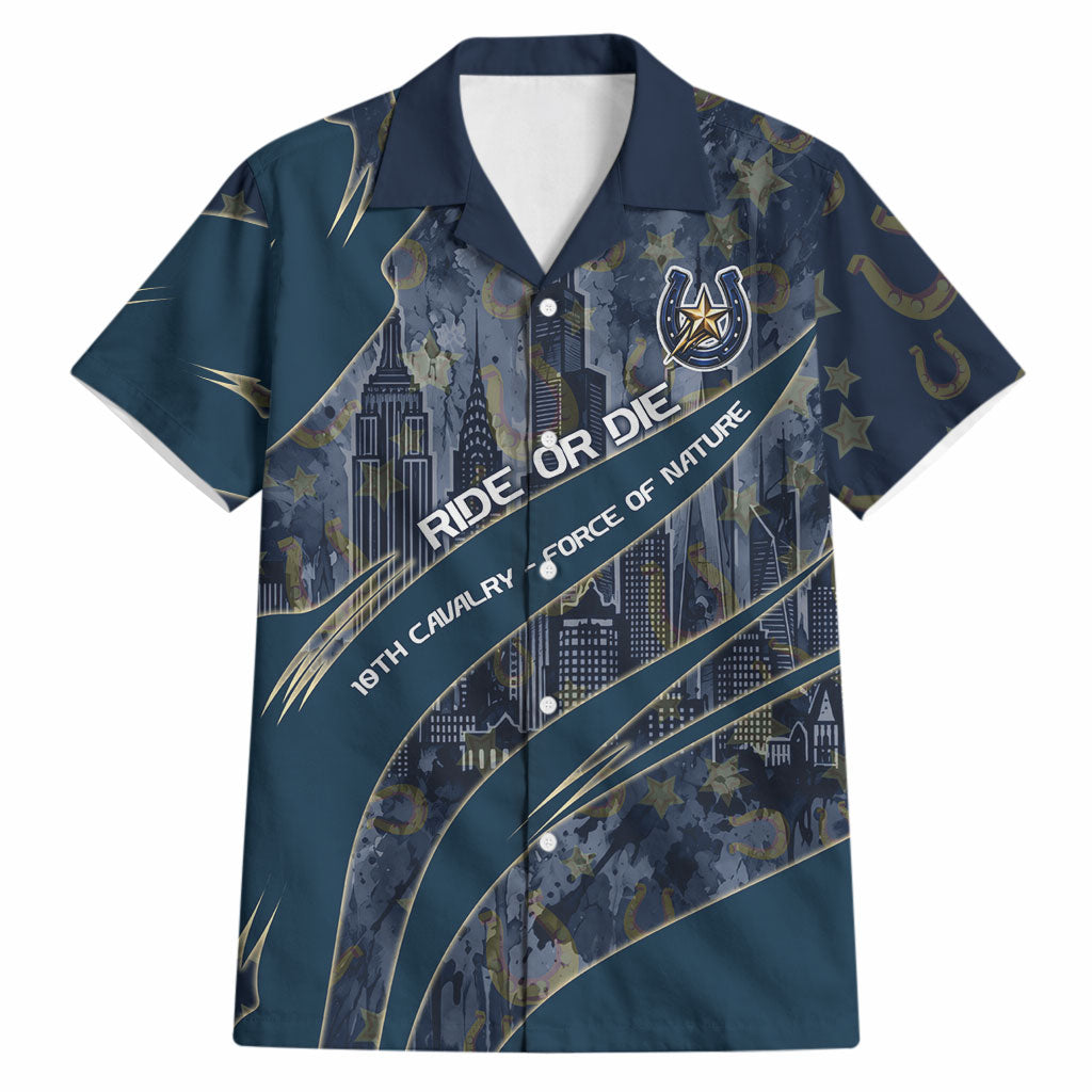 Buffalo Soldiers 10th Cavalry Regiment Ride Or Die Hawaiian Shirt Patriotic Military Heritage Distressed City Skyline Graphic Art