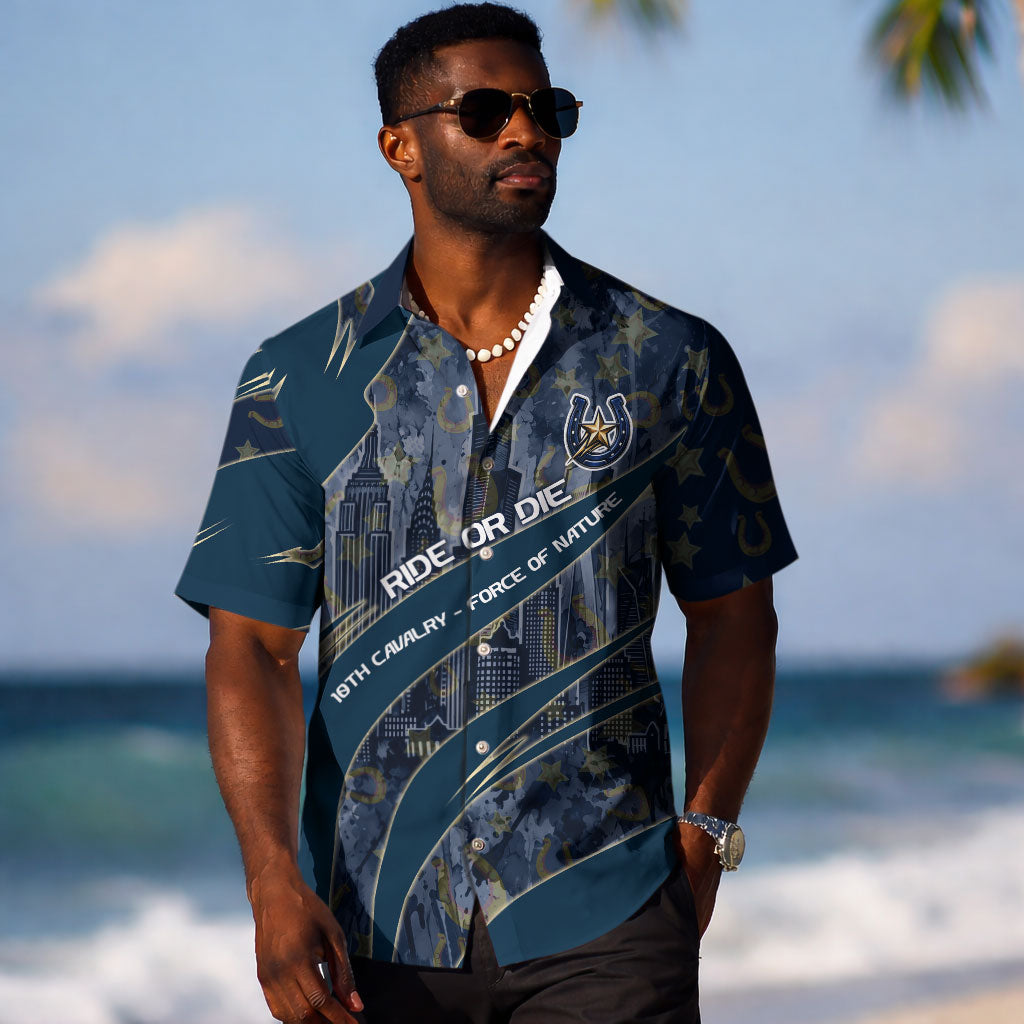 Buffalo Soldiers 10th Cavalry Regiment Ride Or Die Hawaiian Shirt Patriotic Military Heritage Distressed City Skyline Graphic Art