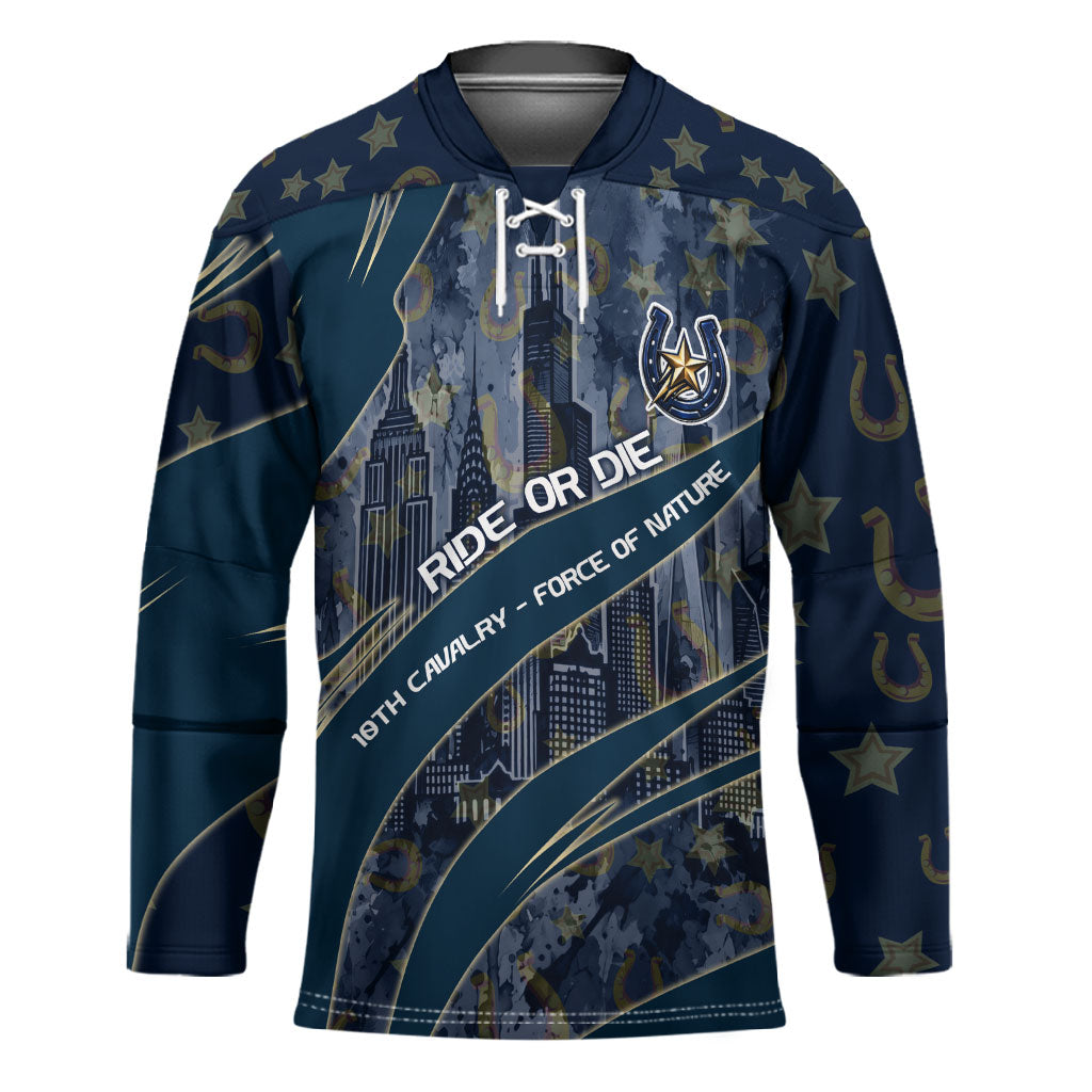 Buffalo Soldiers 10th Cavalry Regiment Ride Or Die Hockey Jersey Patriotic Military Heritage Distressed City Skyline Graphic Art