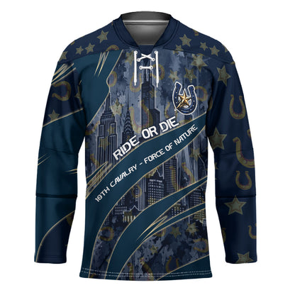 Buffalo Soldiers 10th Cavalry Regiment Ride Or Die Hockey Jersey Patriotic Military Heritage Distressed City Skyline Graphic Art