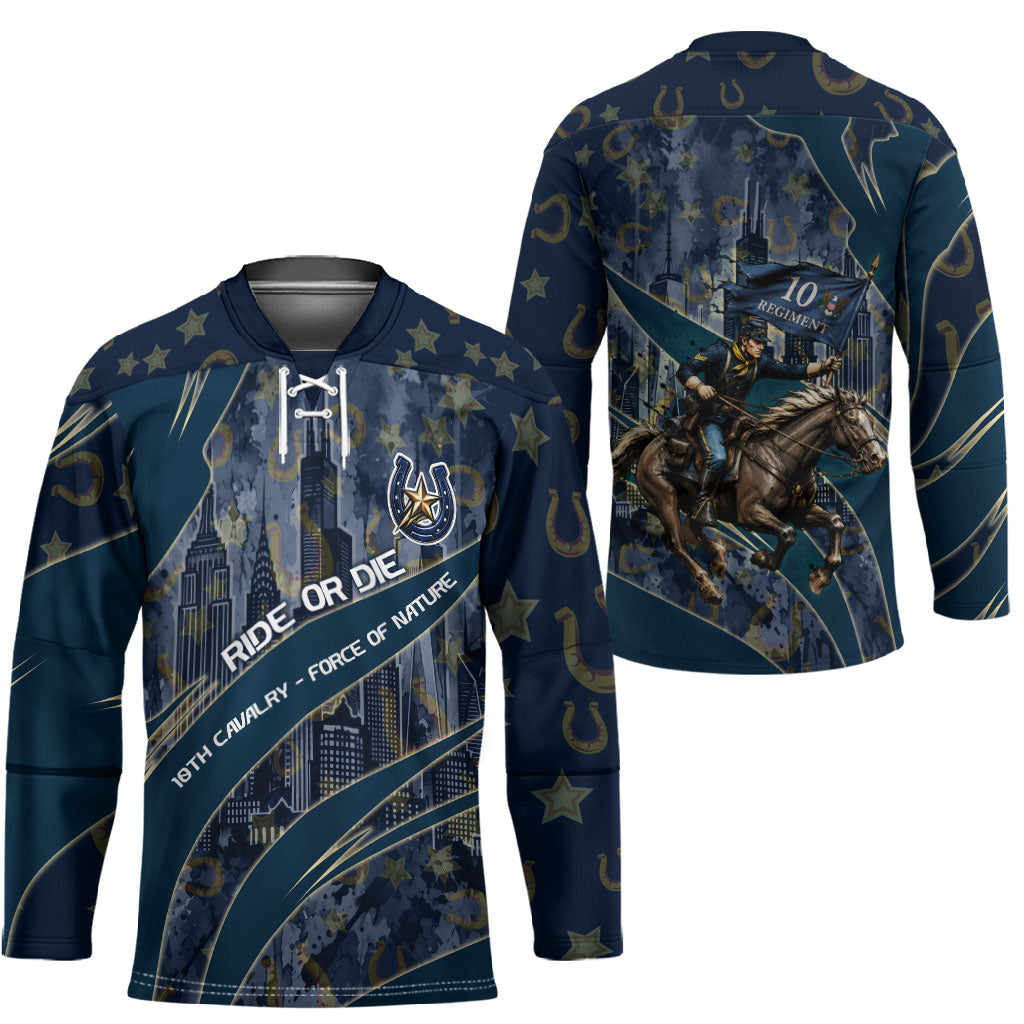Buffalo Soldiers 10th Cavalry Regiment Ride Or Die Hockey Jersey Patriotic Military Heritage Distressed City Skyline Graphic Art