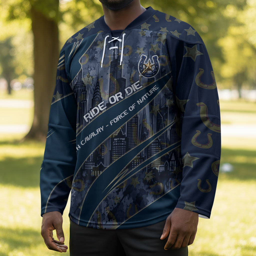 Buffalo Soldiers 10th Cavalry Regiment Ride Or Die Hockey Jersey Patriotic Military Heritage Distressed City Skyline Graphic Art