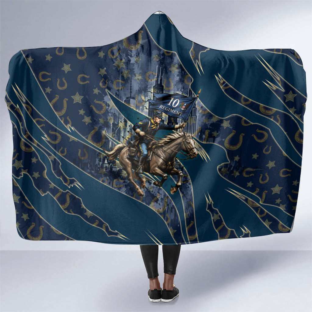 Buffalo Soldiers 10th Cavalry Regiment Ride Or Die Hooded Blanket Patriotic Military Heritage Distressed City Skyline Graphic Art
