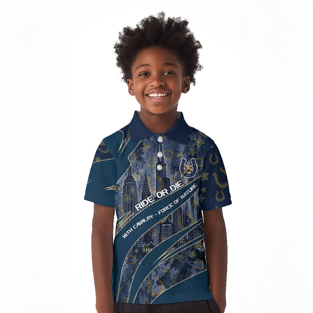Buffalo Soldiers 10th Cavalry Regiment Ride Or Die Kid Polo Shirt Patriotic Military Heritage Distressed City Skyline Graphic Art