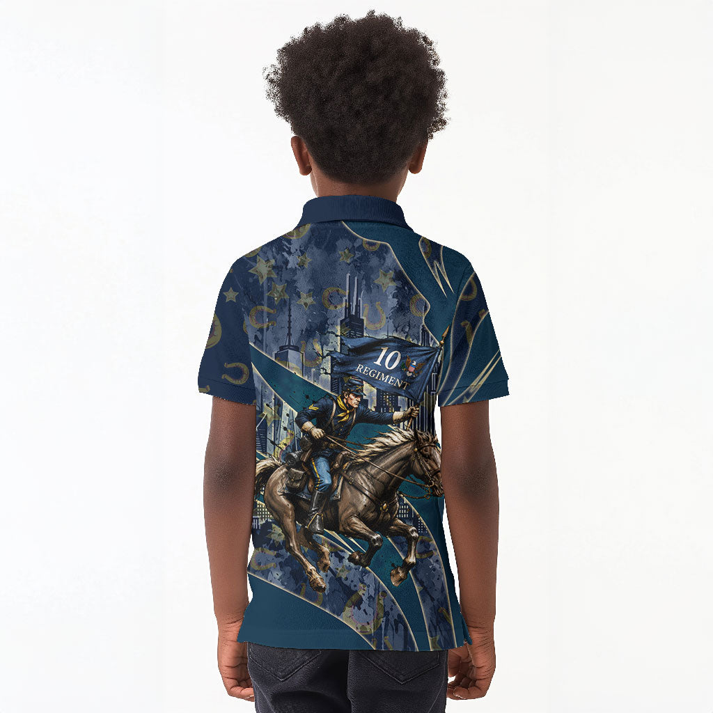 Buffalo Soldiers 10th Cavalry Regiment Ride Or Die Kid Polo Shirt Patriotic Military Heritage Distressed City Skyline Graphic Art