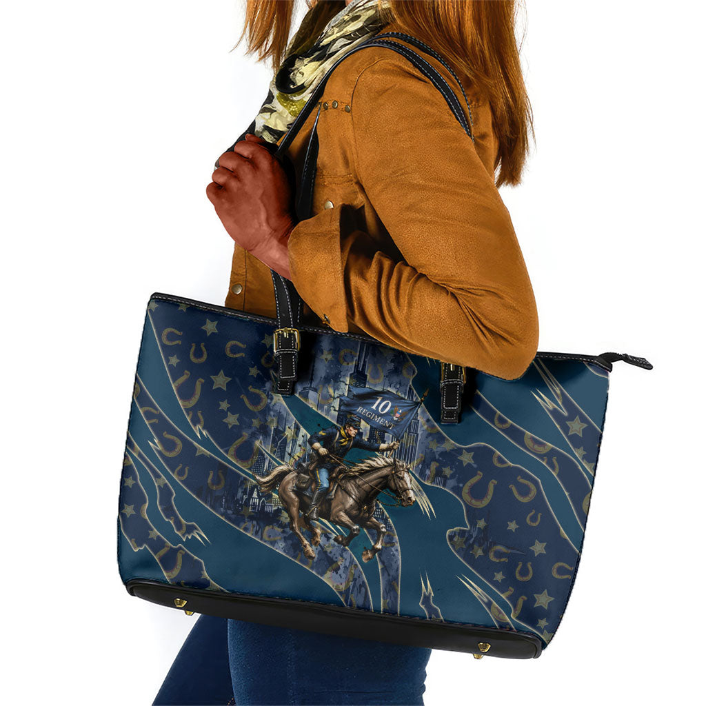 Buffalo Soldiers 10th Cavalry Regiment Ride Or Die Leather Tote Bag Patriotic Military Heritage Distressed City Skyline Graphic Art
