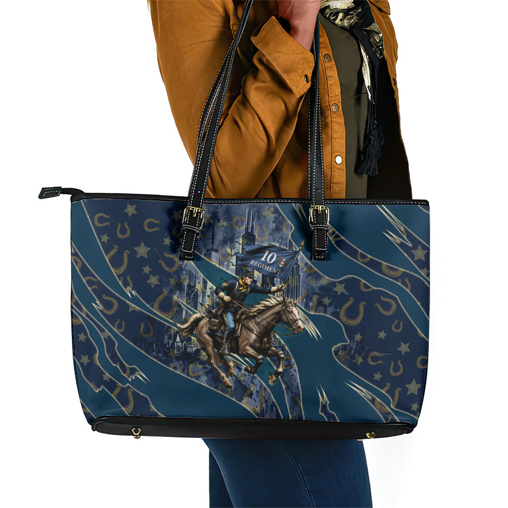 Buffalo Soldiers 10th Cavalry Regiment Ride Or Die Leather Tote Bag Patriotic Military Heritage Distressed City Skyline Graphic Art