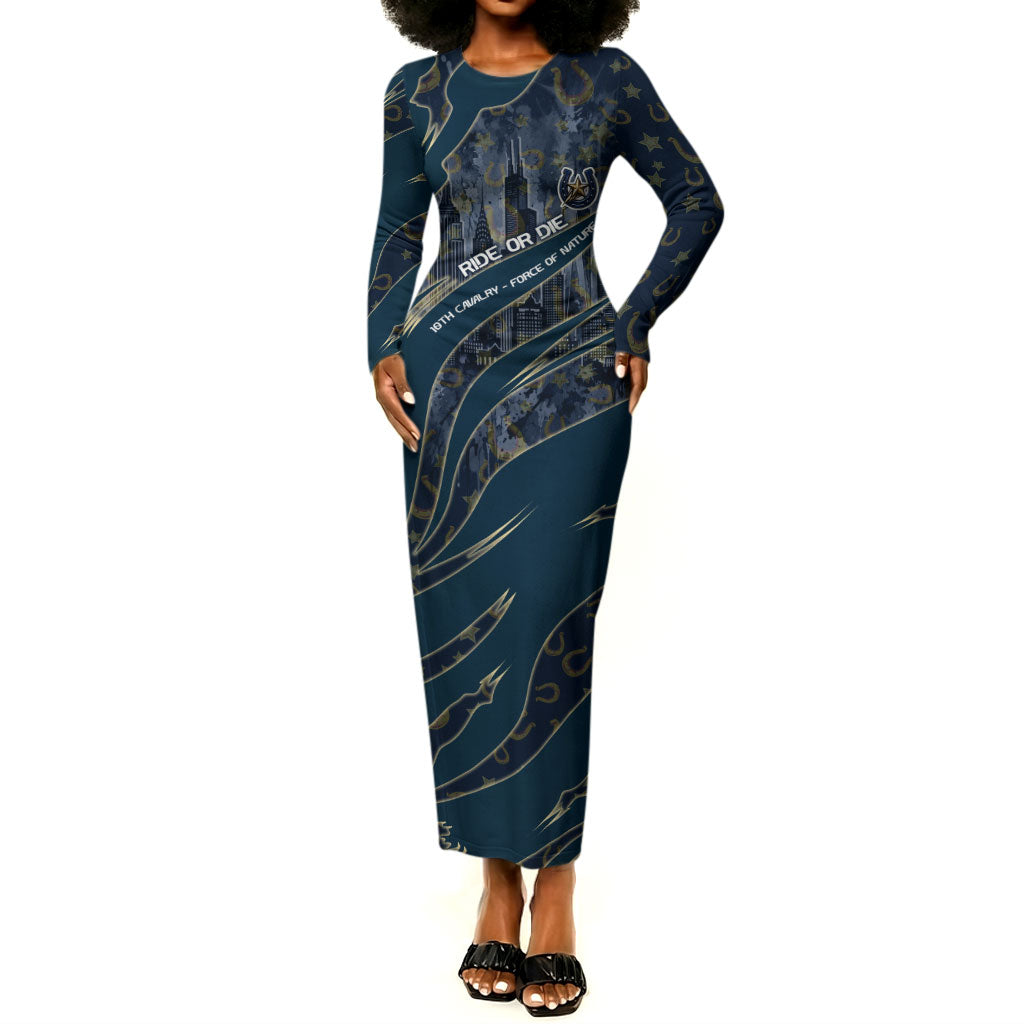 Buffalo Soldiers 10th Cavalry Regiment Ride Or Die Long Sleeve Bodycon Dress Patriotic Military Heritage Distressed City Skyline Graphic Art