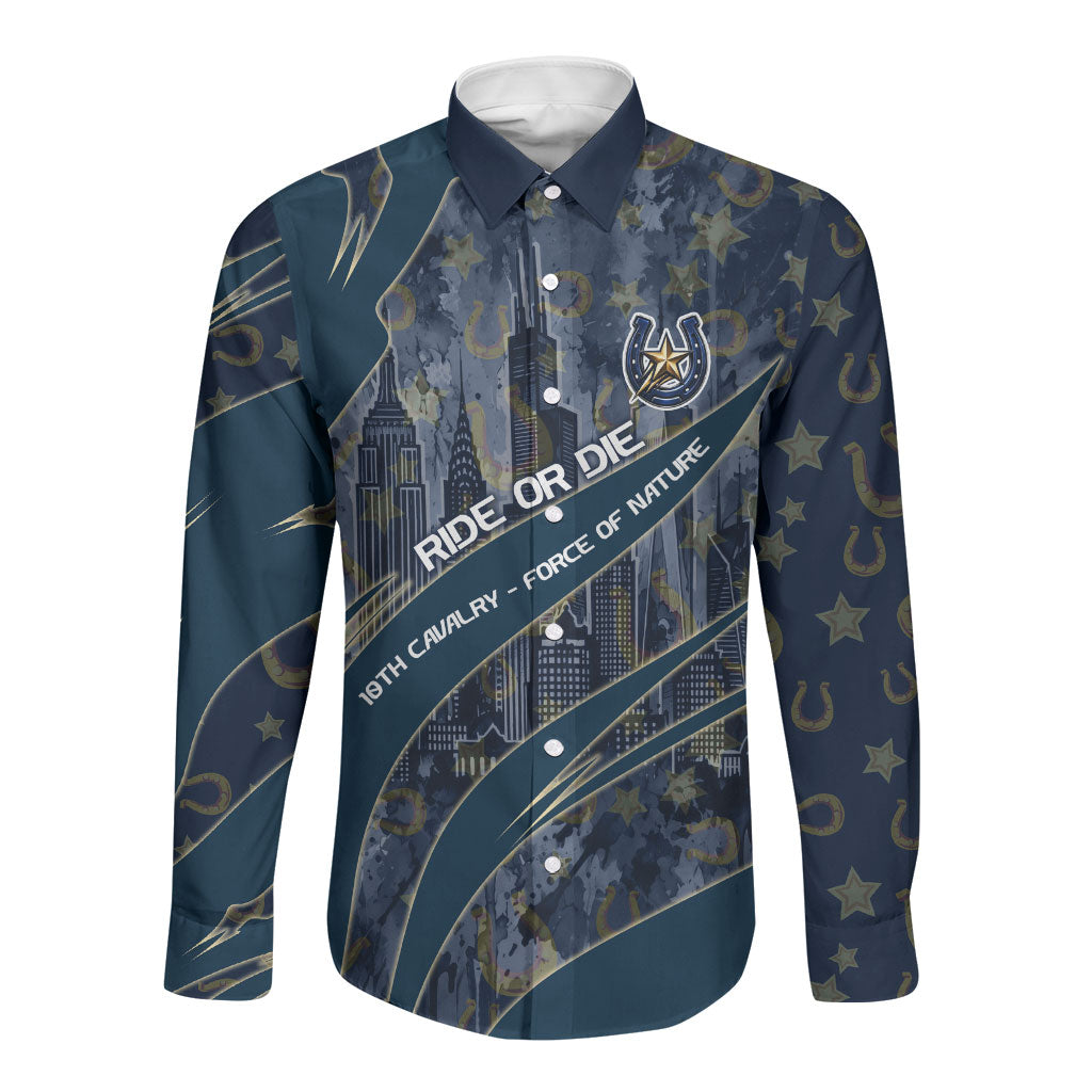 Buffalo Soldiers 10th Cavalry Regiment Ride Or Die Long Sleeve Button Shirt Patriotic Military Heritage Distressed City Skyline Graphic Art