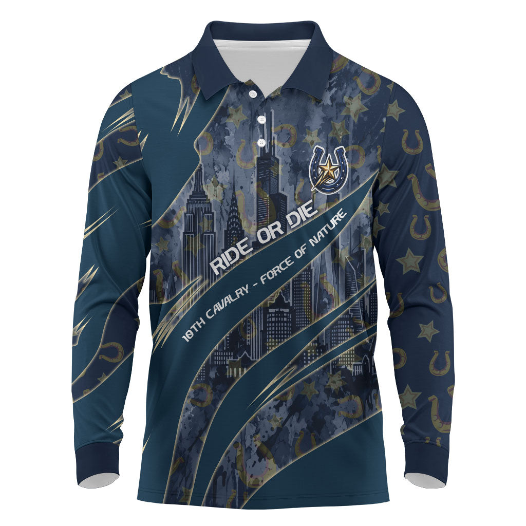 Buffalo Soldiers 10th Cavalry Regiment Ride Or Die Long Sleeve Polo Shirt Patriotic Military Heritage Distressed City Skyline Graphic Art