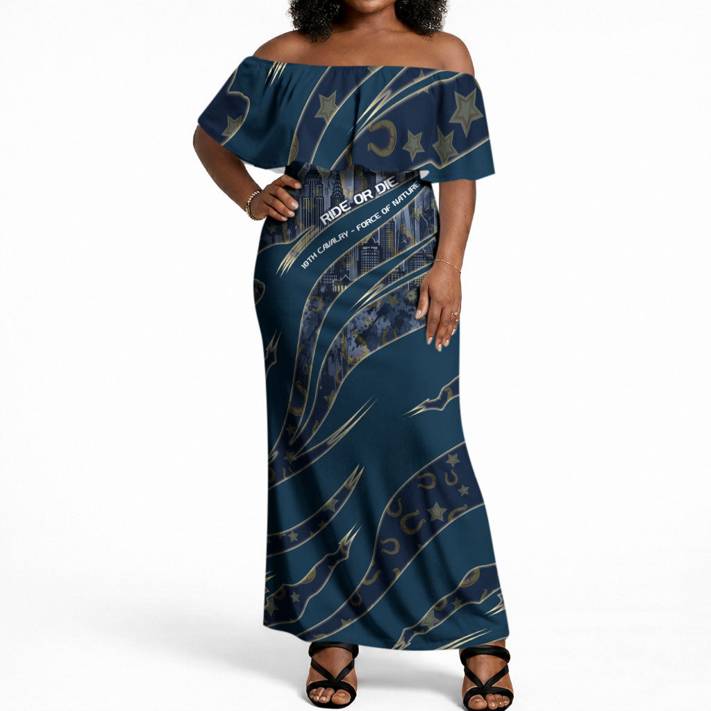 Buffalo Soldiers 10th Cavalry Regiment Ride Or Die Off Shoulder Maxi Dress Patriotic Military Heritage Distressed City Skyline Graphic Art