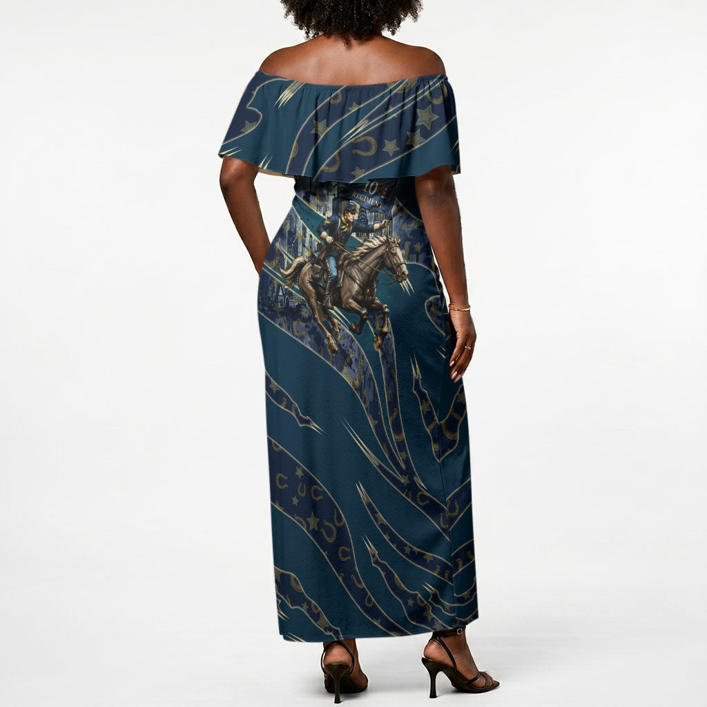 Buffalo Soldiers 10th Cavalry Regiment Ride Or Die Off Shoulder Maxi Dress Patriotic Military Heritage Distressed City Skyline Graphic Art