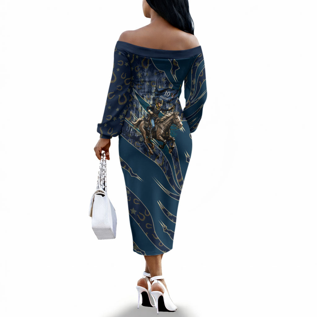 Buffalo Soldiers 10th Cavalry Regiment Ride Or Die Off The Shoulder Long Sleeve Dress Patriotic Military Heritage Distressed City Skyline Graphic Art