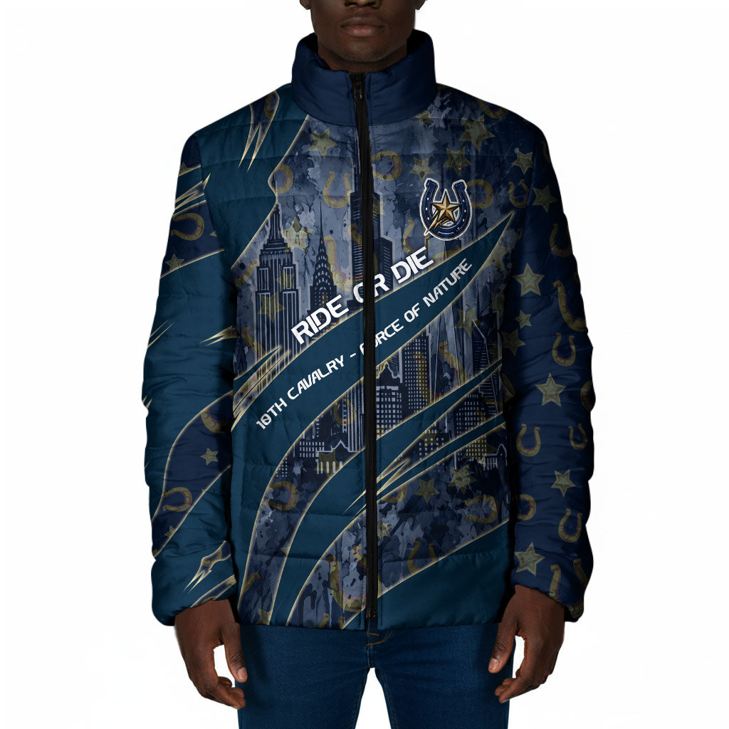 Buffalo Soldiers 10th Cavalry Regiment Ride Or Die Padded Jacket Patriotic Military Heritage Distressed City Skyline Graphic Art