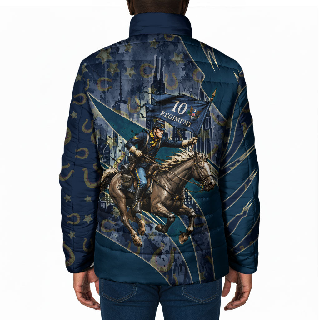 Buffalo Soldiers 10th Cavalry Regiment Ride Or Die Padded Jacket Patriotic Military Heritage Distressed City Skyline Graphic Art