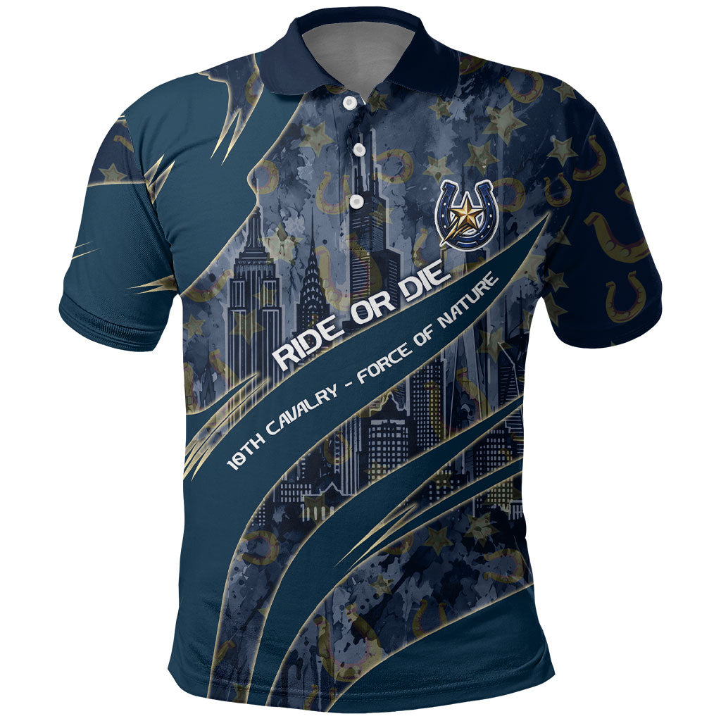 Buffalo Soldiers 10th Cavalry Regiment Ride Or Die Polo Shirt Patriotic Military Heritage Distressed City Skyline Graphic Art