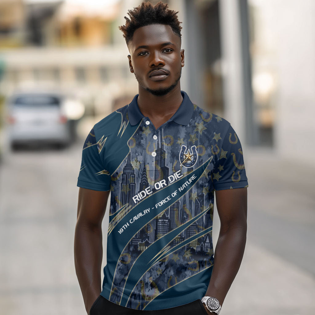 Buffalo Soldiers 10th Cavalry Regiment Ride Or Die Polo Shirt Patriotic Military Heritage Distressed City Skyline Graphic Art