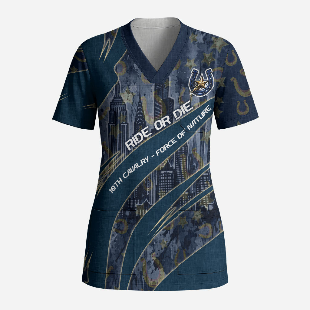Buffalo Soldiers 10th Cavalry Regiment Ride Or Die Scrub Top Patriotic Military Heritage Distressed City Skyline Graphic Art