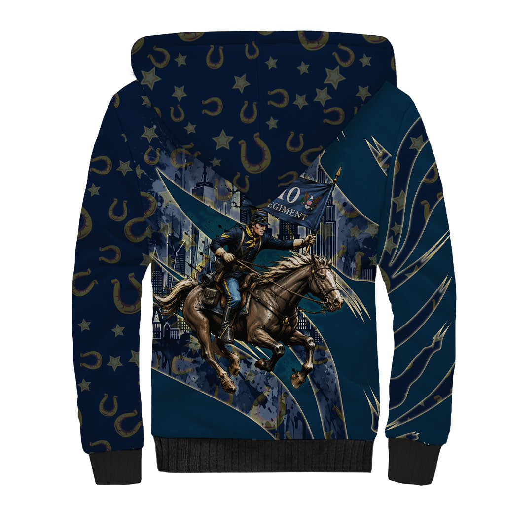 Buffalo Soldiers 10th Cavalry Regiment Ride Or Die Sherpa Hoodie Patriotic Military Heritage Distressed City Skyline Graphic Art