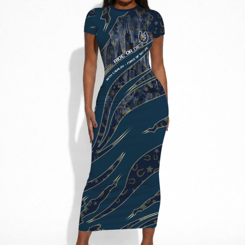 Buffalo Soldiers 10th Cavalry Regiment Ride Or Die Short Sleeve Bodycon Dress Patriotic Military Heritage Distressed City Skyline Graphic Art