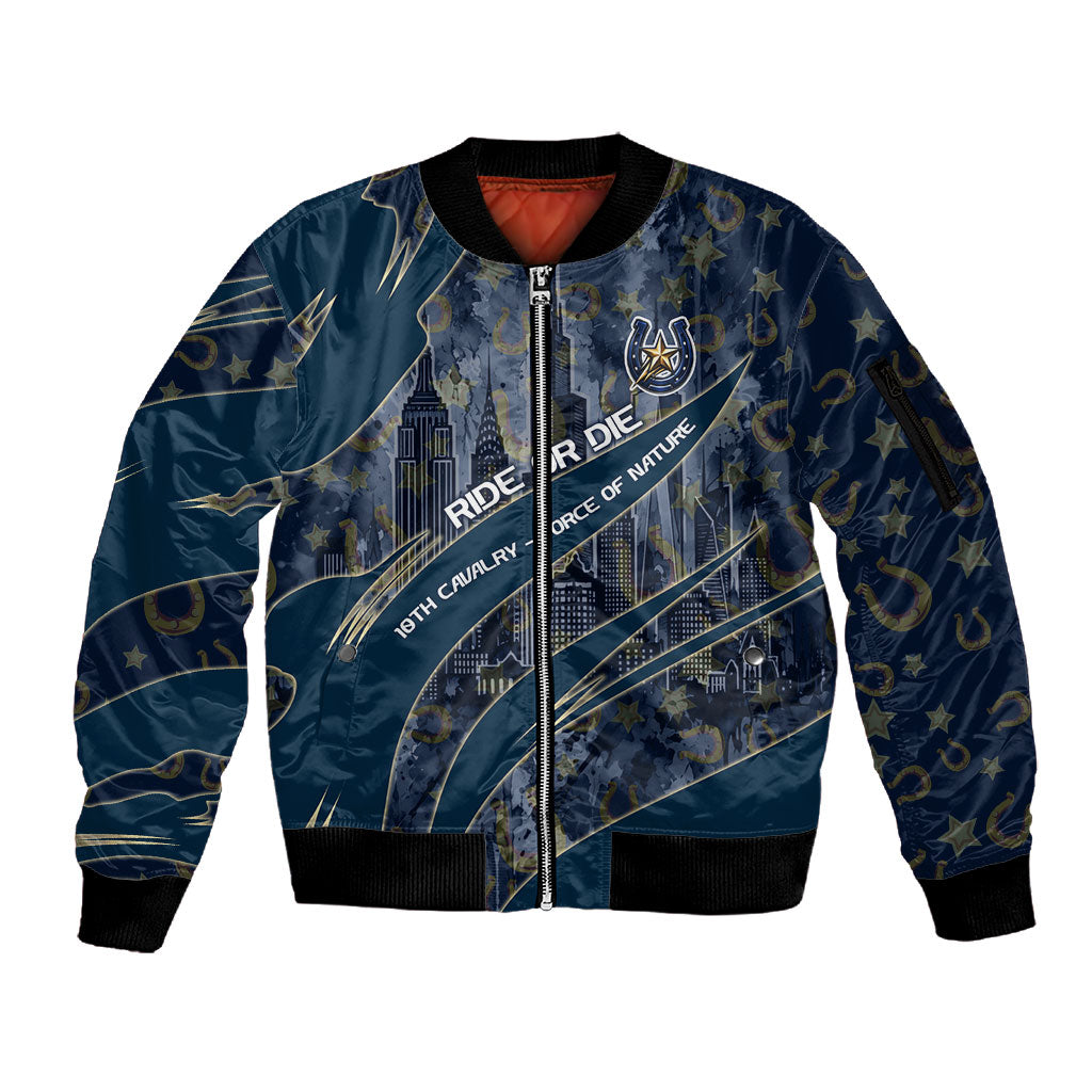Buffalo Soldiers 10th Cavalry Regiment Ride Or Die Sleeve Zip Bomber Jacket Patriotic Military Heritage Distressed City Skyline Graphic Art