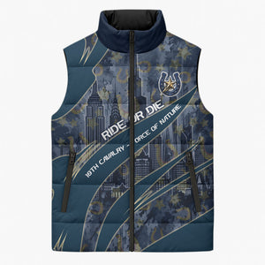 Buffalo Soldiers 10th Cavalry Regiment Ride Or Die Sleeveless Puffer Jacket Patriotic Military Heritage Distressed City Skyline Graphic Art