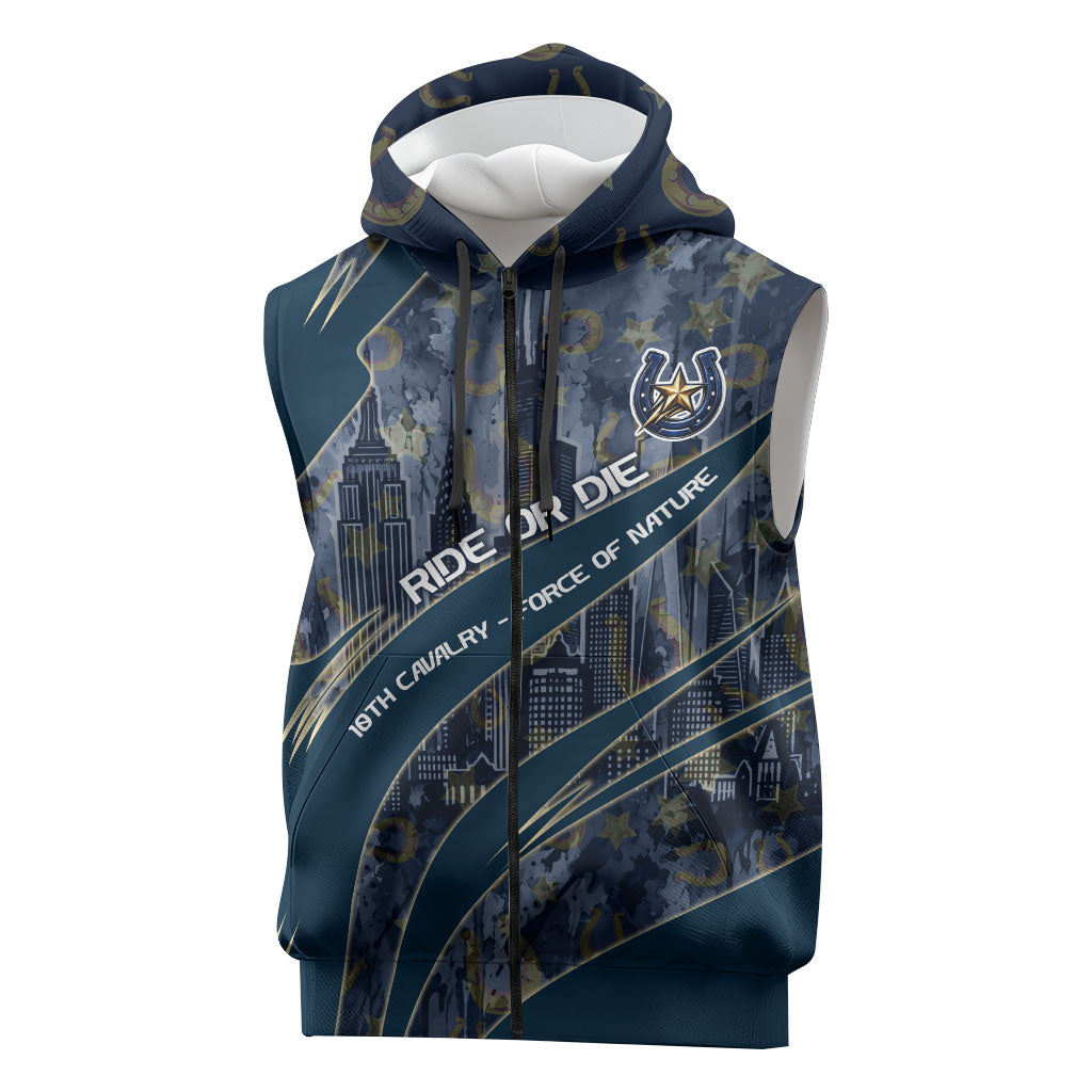Buffalo Soldiers 10th Cavalry Regiment Ride Or Die Sleeveless Zip Hoodie Patriotic Military Heritage Distressed City Skyline Graphic Art