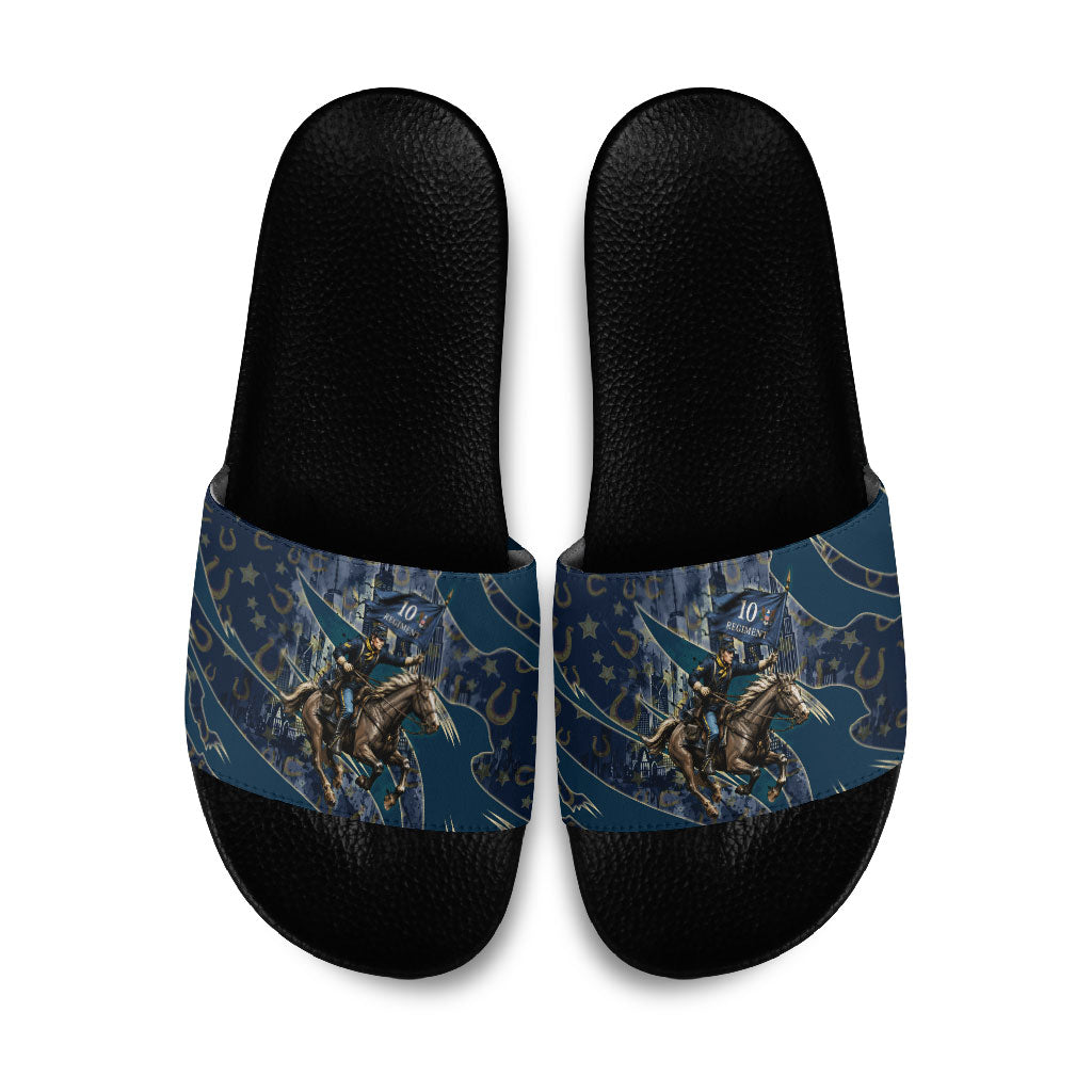 Buffalo Soldiers 10th Cavalry Regiment Ride Or Die Slide Sandals Patriotic Military Heritage Distressed City Skyline Graphic Art