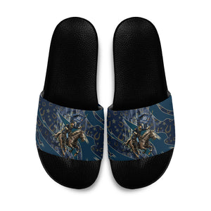 Buffalo Soldiers 10th Cavalry Regiment Ride Or Die Slide Sandals Patriotic Military Heritage Distressed City Skyline Graphic Art