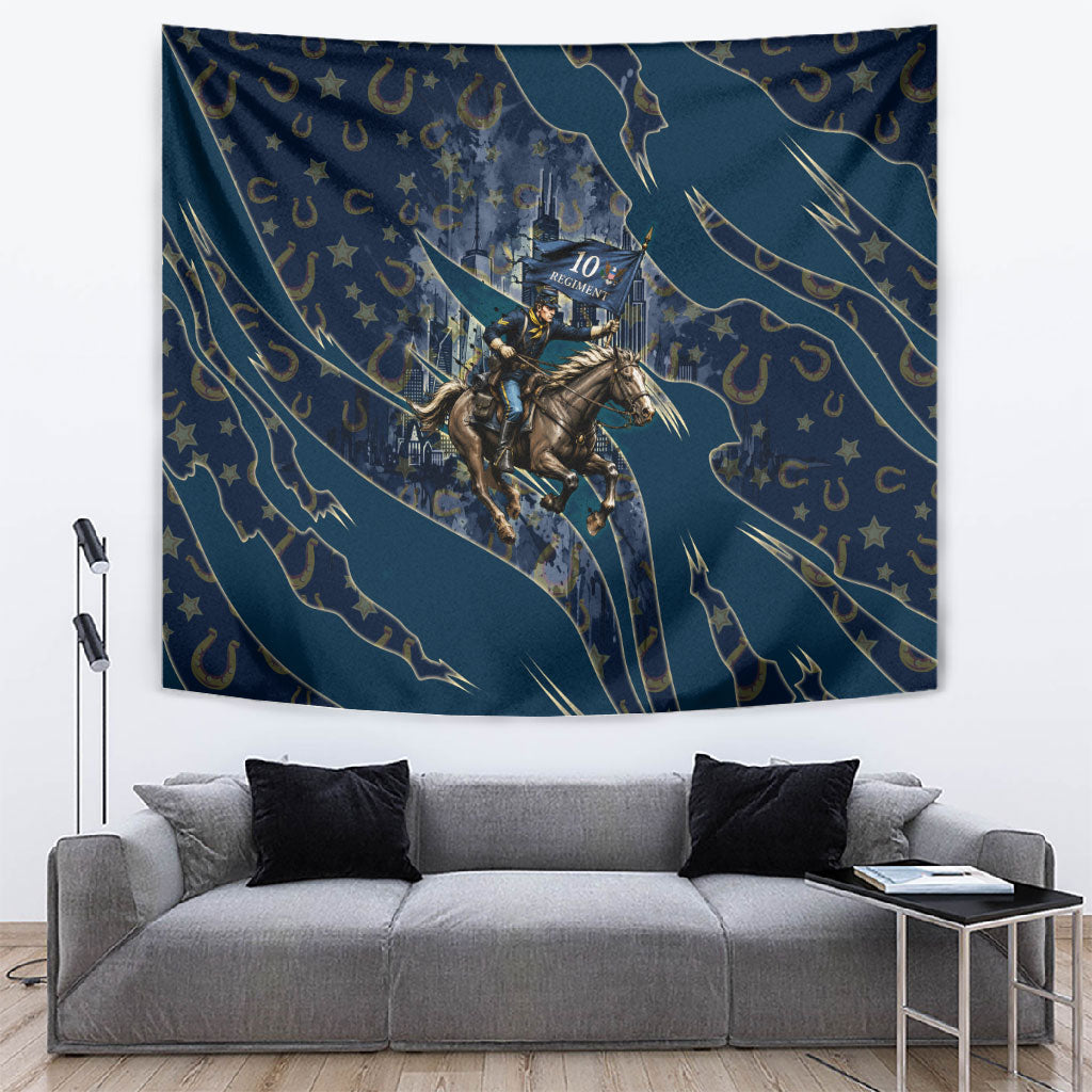 Buffalo Soldiers 10th Cavalry Regiment Ride Or Die Tapestry Patriotic Military Heritage Distressed City Skyline Graphic Art