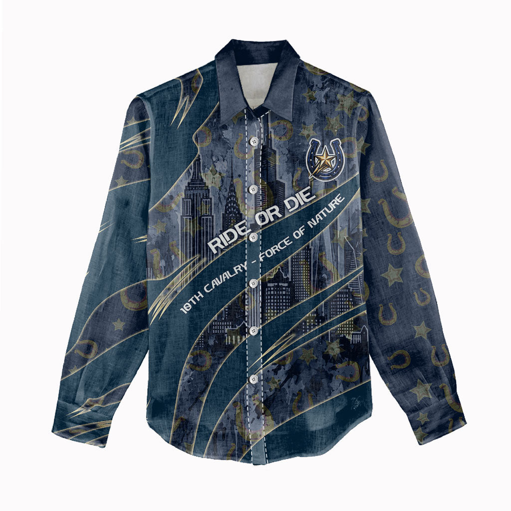 Buffalo Soldiers 10th Cavalry Regiment Ride Or Die Women Casual Shirt Patriotic Military Heritage Distressed City Skyline Graphic Art