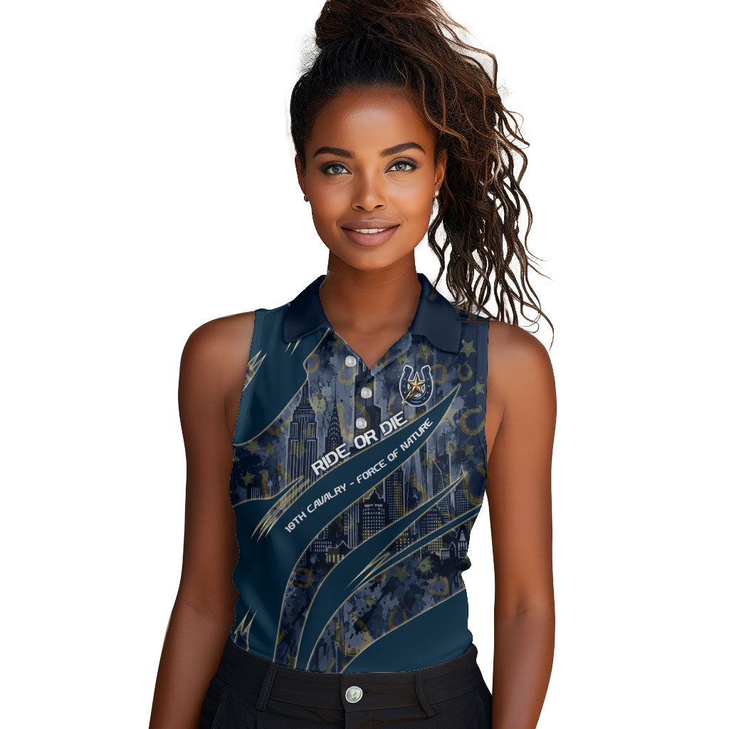 Buffalo Soldiers 10th Cavalry Regiment Ride Or Die Women Sleeveless Polo Shirt Patriotic Military Heritage Distressed City Skyline Graphic Art
