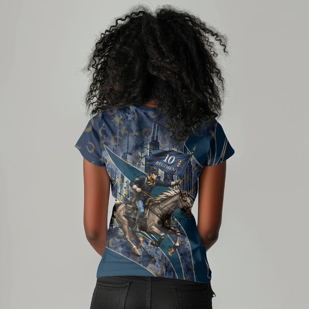 Buffalo Soldiers 10th Cavalry Regiment Ride Or Die Women V-Neck T-Shirt Patriotic Military Heritage Distressed City Skyline Graphic Art