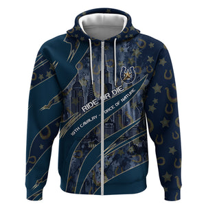 Buffalo Soldiers 10th Cavalry Regiment Ride Or Die Zip Hoodie Patriotic Military Heritage Distressed City Skyline Graphic Art