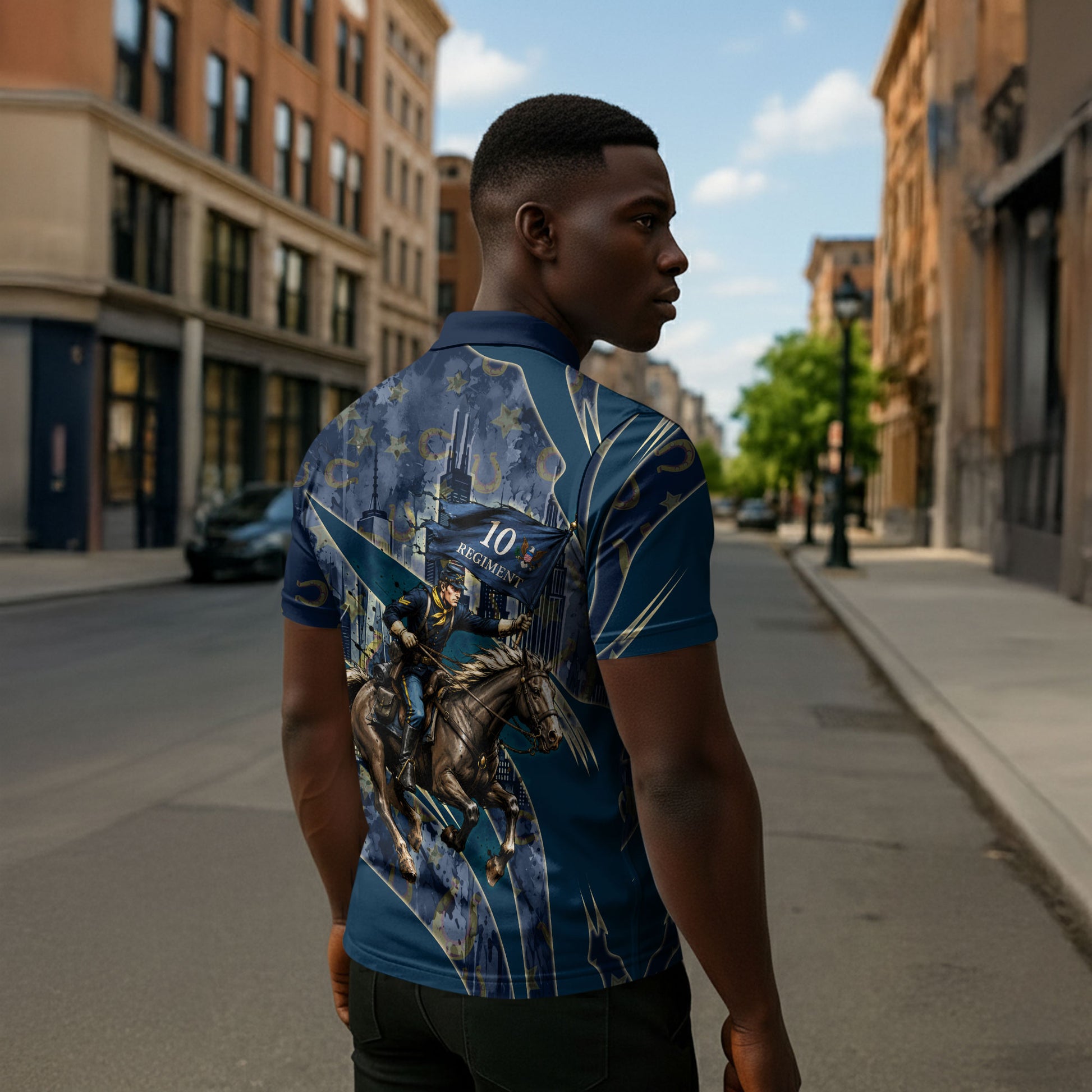 Buffalo Soldiers 10th Cavalry Regiment Ride Or Die Zipper Polo Shirt Patriotic Military Heritage Distressed City Skyline Graphic Art