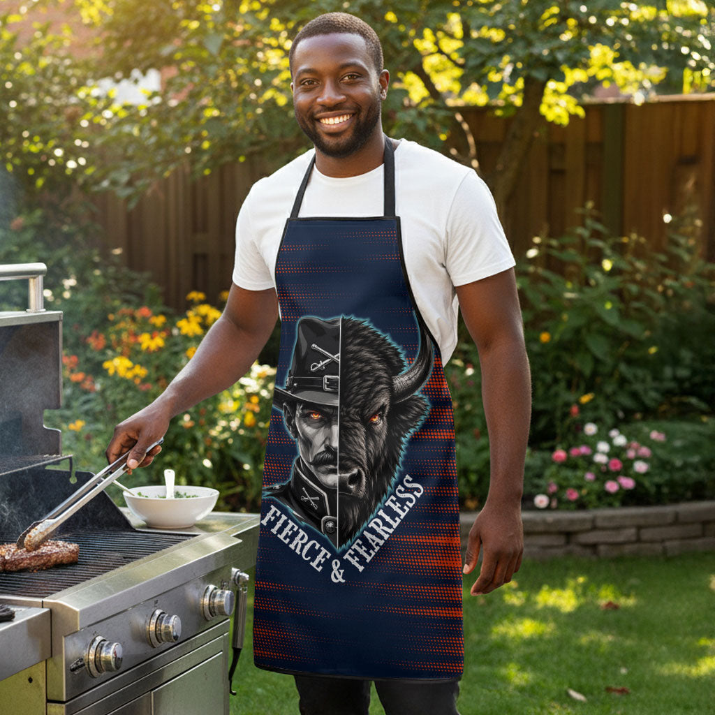 Buffalo Soldiers Fierce And Fearless Cavalry Apron Half Face Soldier And Bison Halftone Graphic Art