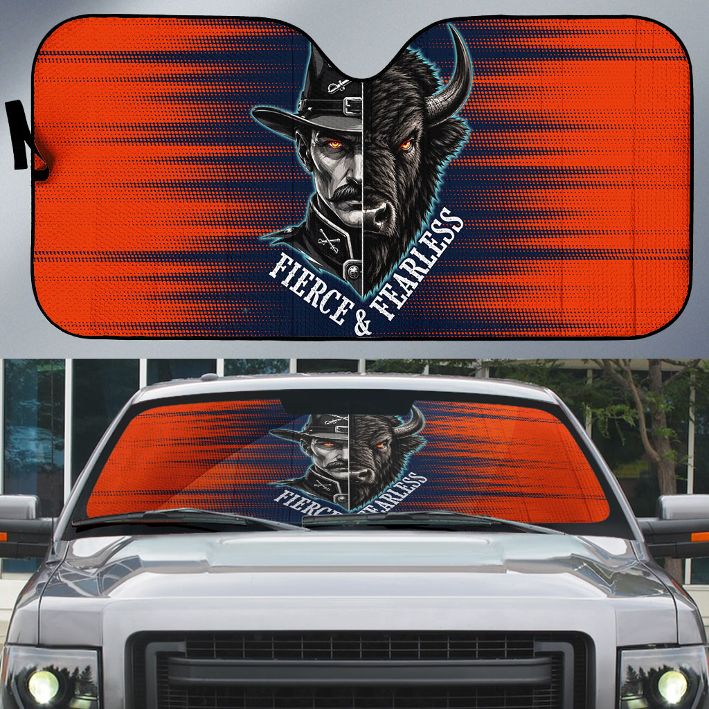 Buffalo Soldiers Fierce And Fearless Cavalry Auto Sun Shade Half Face Soldier And Bison Halftone Graphic Art