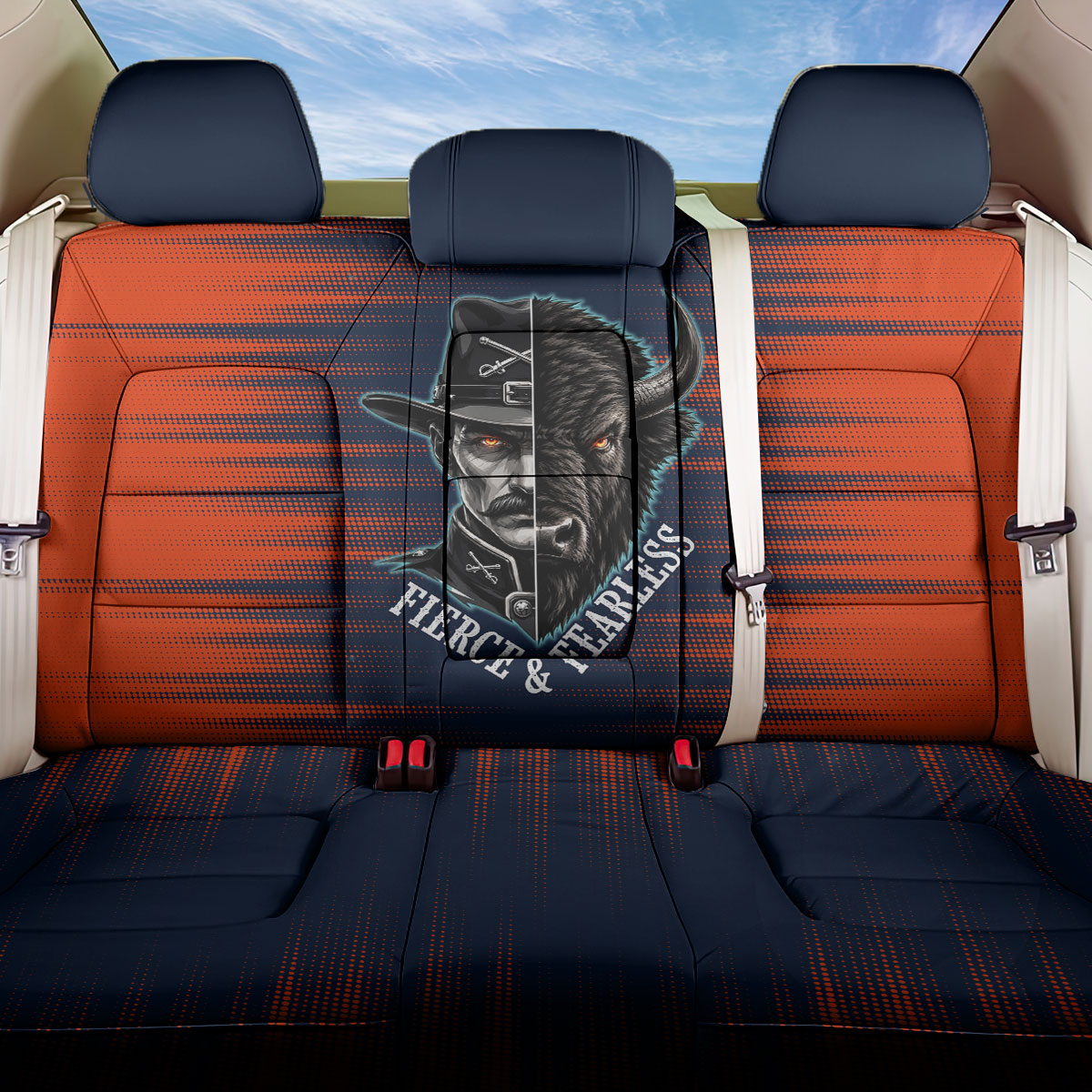Buffalo Soldiers Fierce And Fearless Cavalry Back Car Seat Cover Half Face Soldier And Bison Halftone Graphic Art