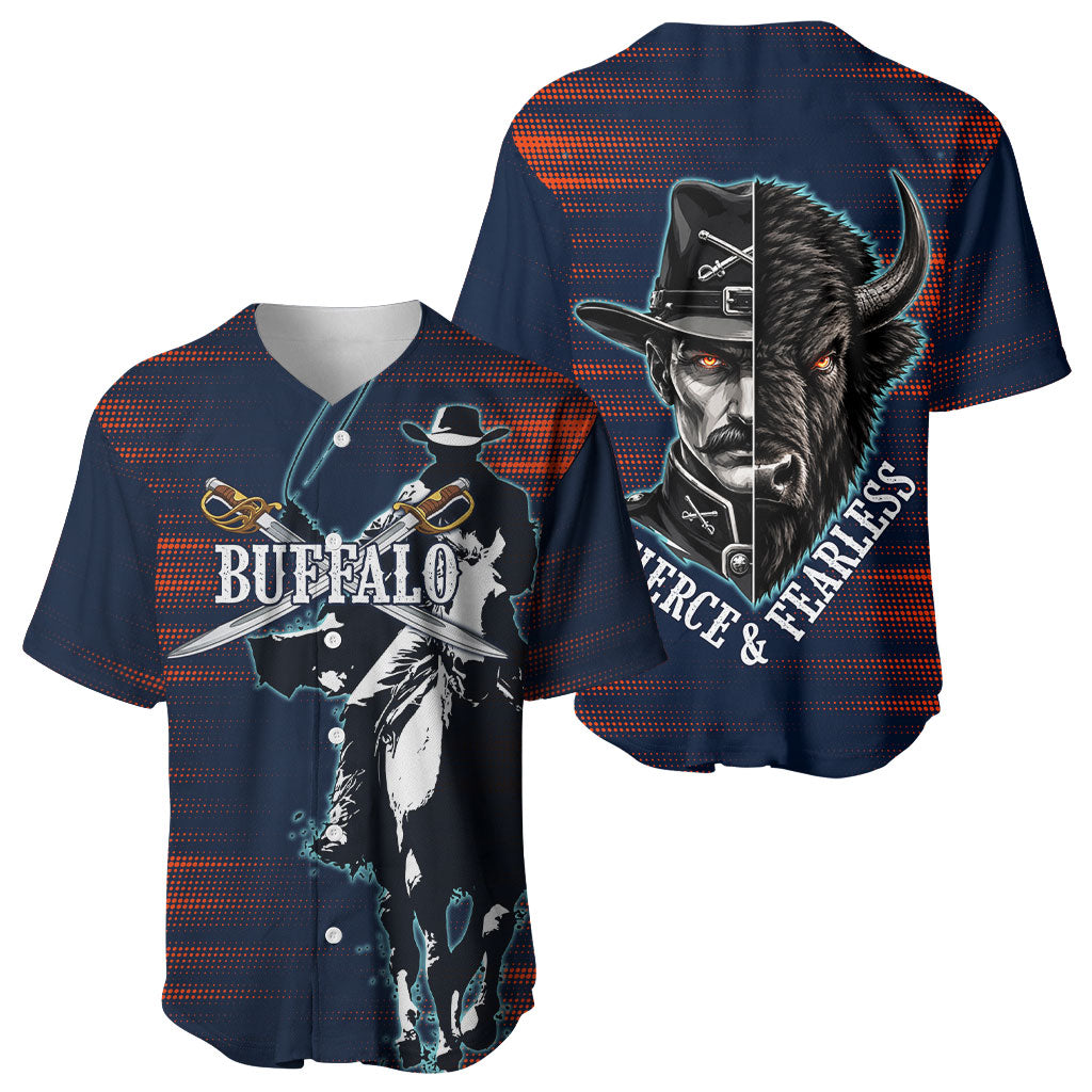 Buffalo Soldiers Fierce And Fearless Cavalry Baseball Jersey Half Face Soldier And Bison Halftone Graphic Art