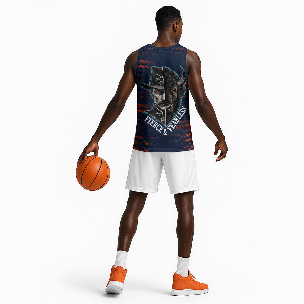 Buffalo Soldiers Fierce And Fearless Cavalry Basketball Jersey Half Face Soldier And Bison Halftone Graphic Art