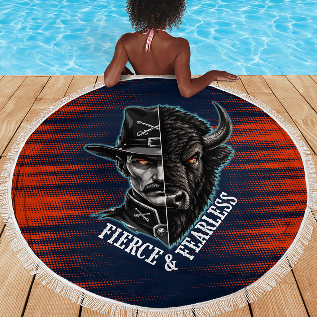Buffalo Soldiers Fierce And Fearless Cavalry Beach Blanket Half Face Soldier And Bison Halftone Graphic Art