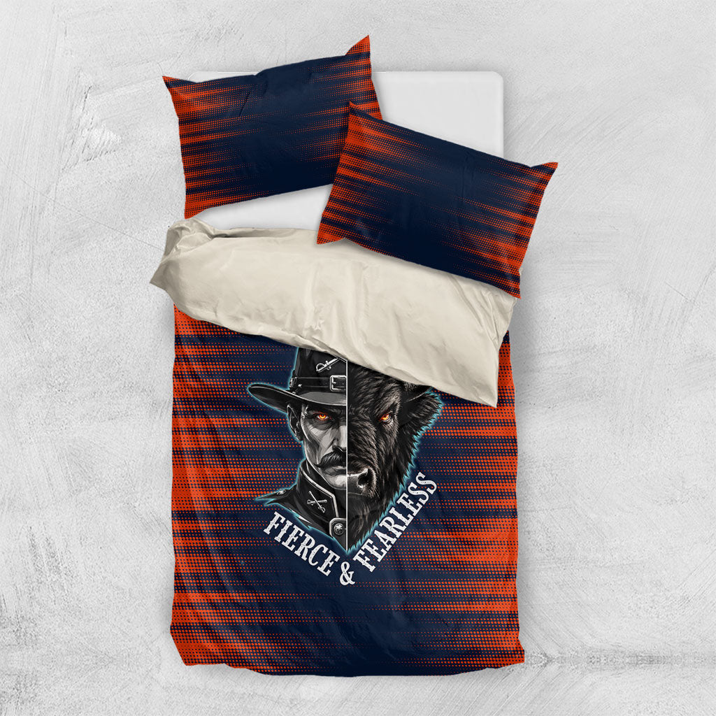 Buffalo Soldiers Fierce And Fearless Cavalry Bedding Set Half Face Soldier And Bison Halftone Graphic Art