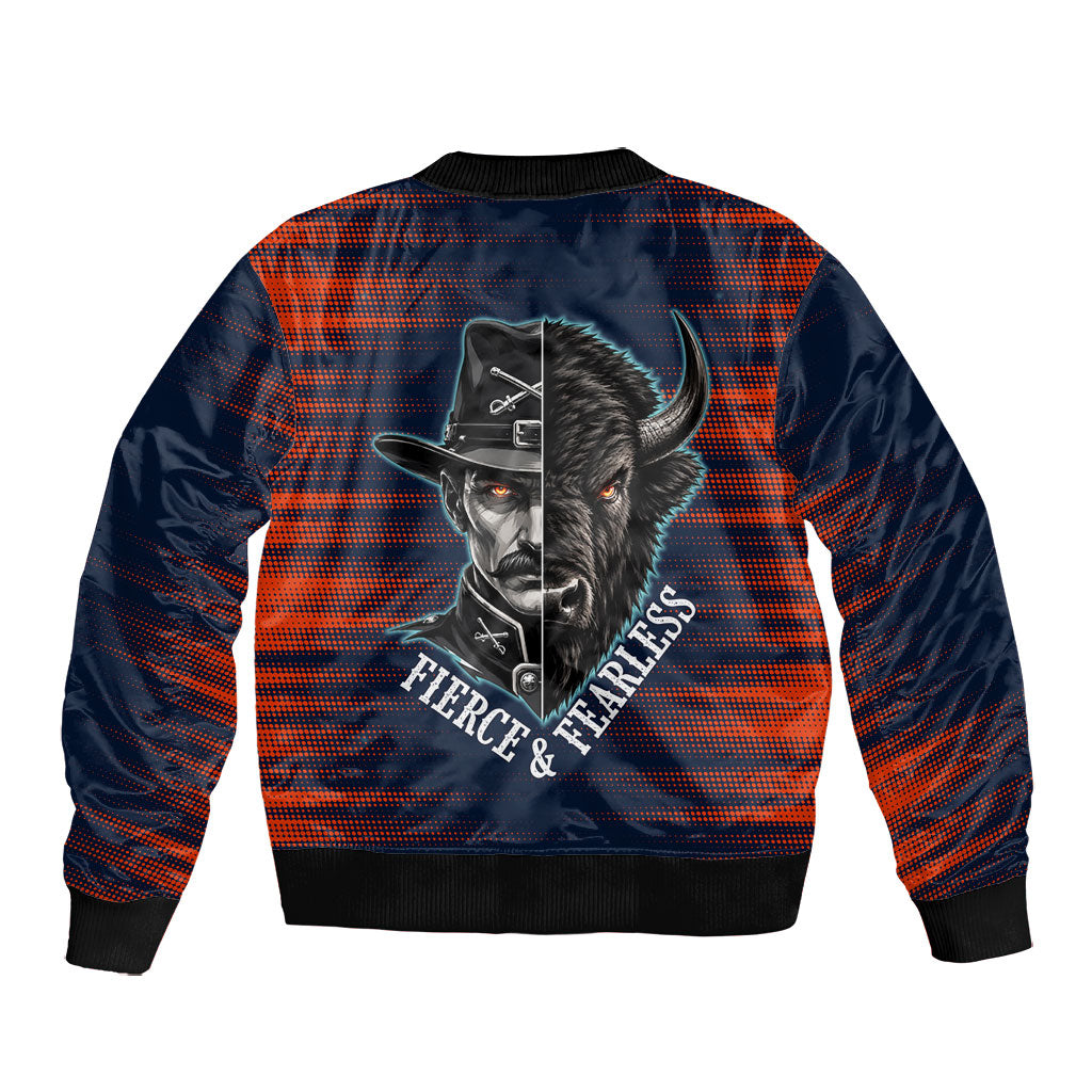 Buffalo Soldiers Fierce And Fearless Cavalry Bomber Jacket Half Face Soldier And Bison Halftone Graphic Art