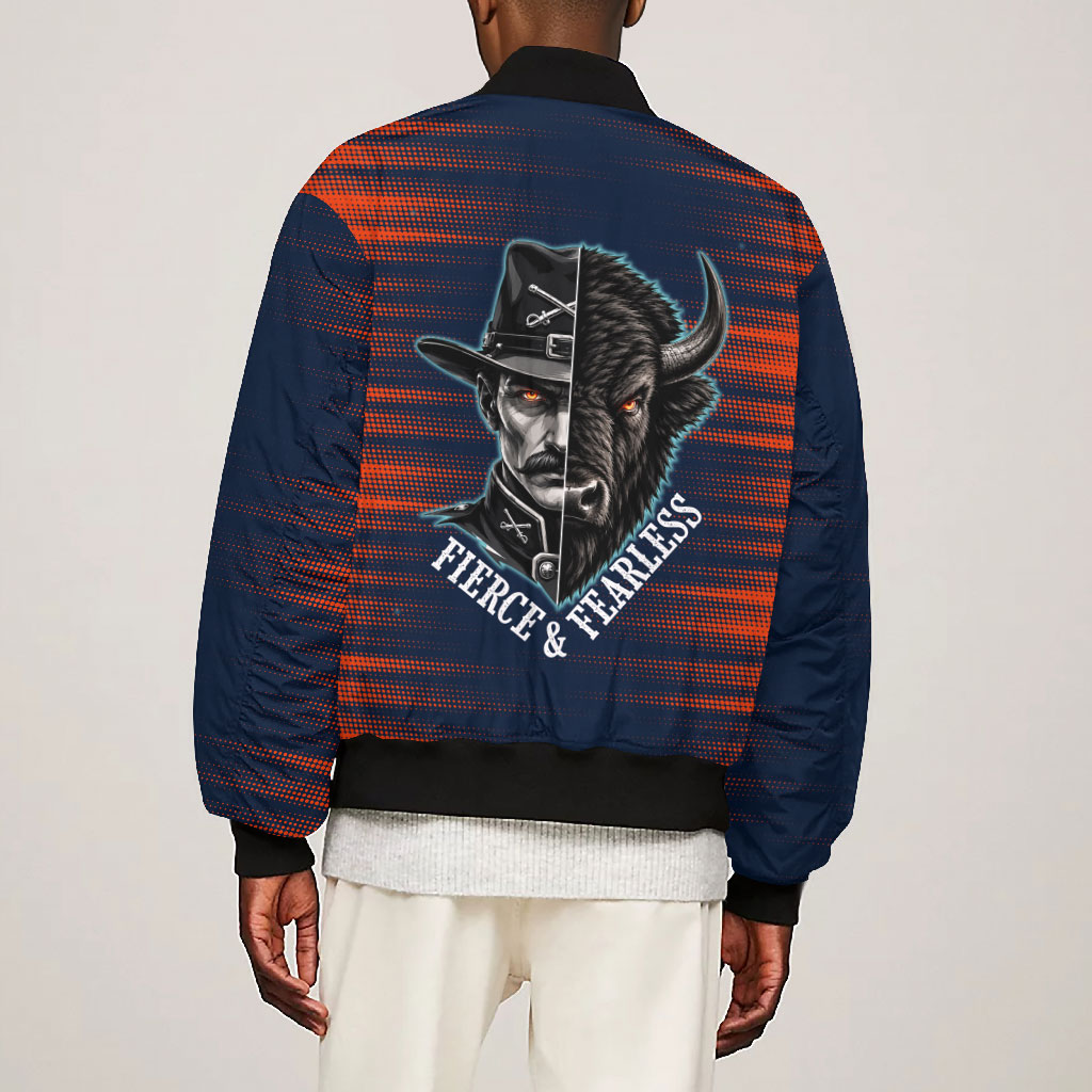 Buffalo Soldiers Fierce And Fearless Cavalry Bomber Jacket Half Face Soldier And Bison Halftone Graphic Art