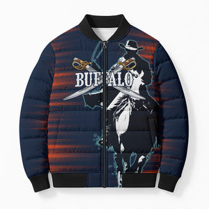 Buffalo Soldiers Fierce And Fearless Cavalry Bomber Puffer Jacket Half Face Soldier And Bison Halftone Graphic Art