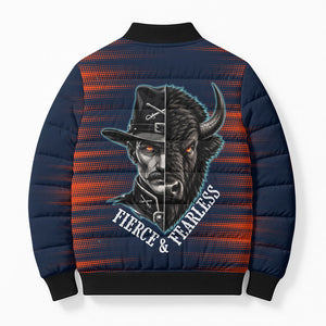 Buffalo Soldiers Fierce And Fearless Cavalry Bomber Puffer Jacket Half Face Soldier And Bison Halftone Graphic Art
