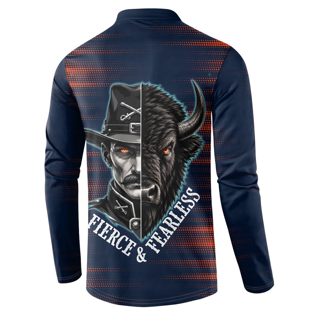 Buffalo Soldiers Fierce And Fearless Cavalry Button Sweatshirt Half Face Soldier And Bison Halftone Graphic Art