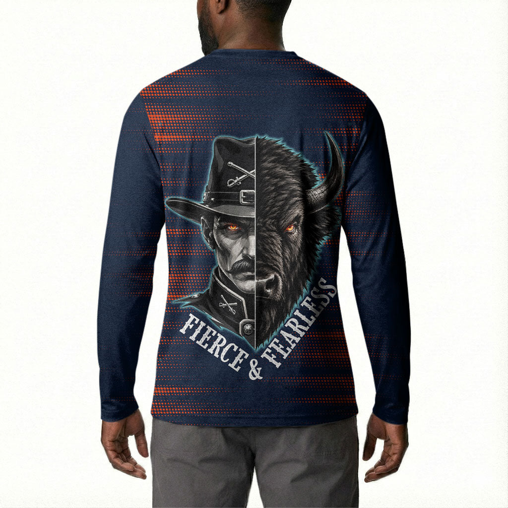 Buffalo Soldiers Fierce And Fearless Cavalry Button Sweatshirt Half Face Soldier And Bison Halftone Graphic Art