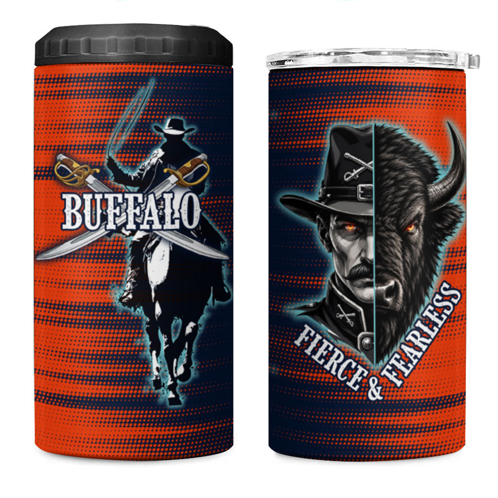Buffalo Soldiers Fierce And Fearless Cavalry 4 in 1 Can Cooler Tumbler Half Face Soldier And Bison Halftone Graphic Art