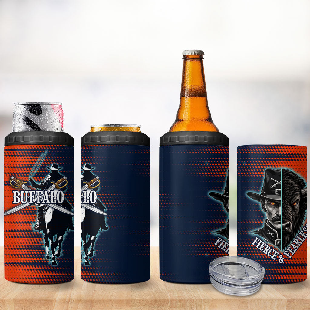 Buffalo Soldiers Fierce And Fearless Cavalry 4 in 1 Can Cooler Tumbler Half Face Soldier And Bison Halftone Graphic Art